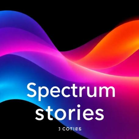 Art book cover: Spectrum Stories. Abstract gradient waves, electric blue to magenta to violet with neon orange accents, dark background