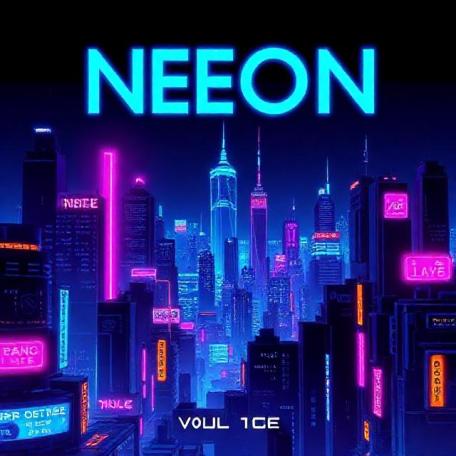 Graphic novel cover: Neon City (Vol. 1). Cyberpunk skyline with glowing signs, electric blue, vibrant magenta, deep violet, neon orange, dark background