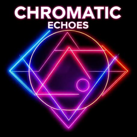 Graphic anthology cover: Chromatic Echoes. Geometric neon shapes on deep black background