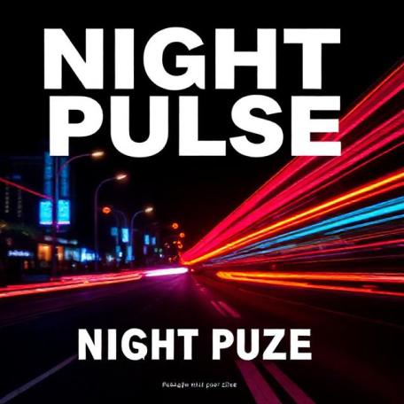 Photo zine cover: Night Pulse. Long-exposure city light trails, neon palette, bold modern type, dark background